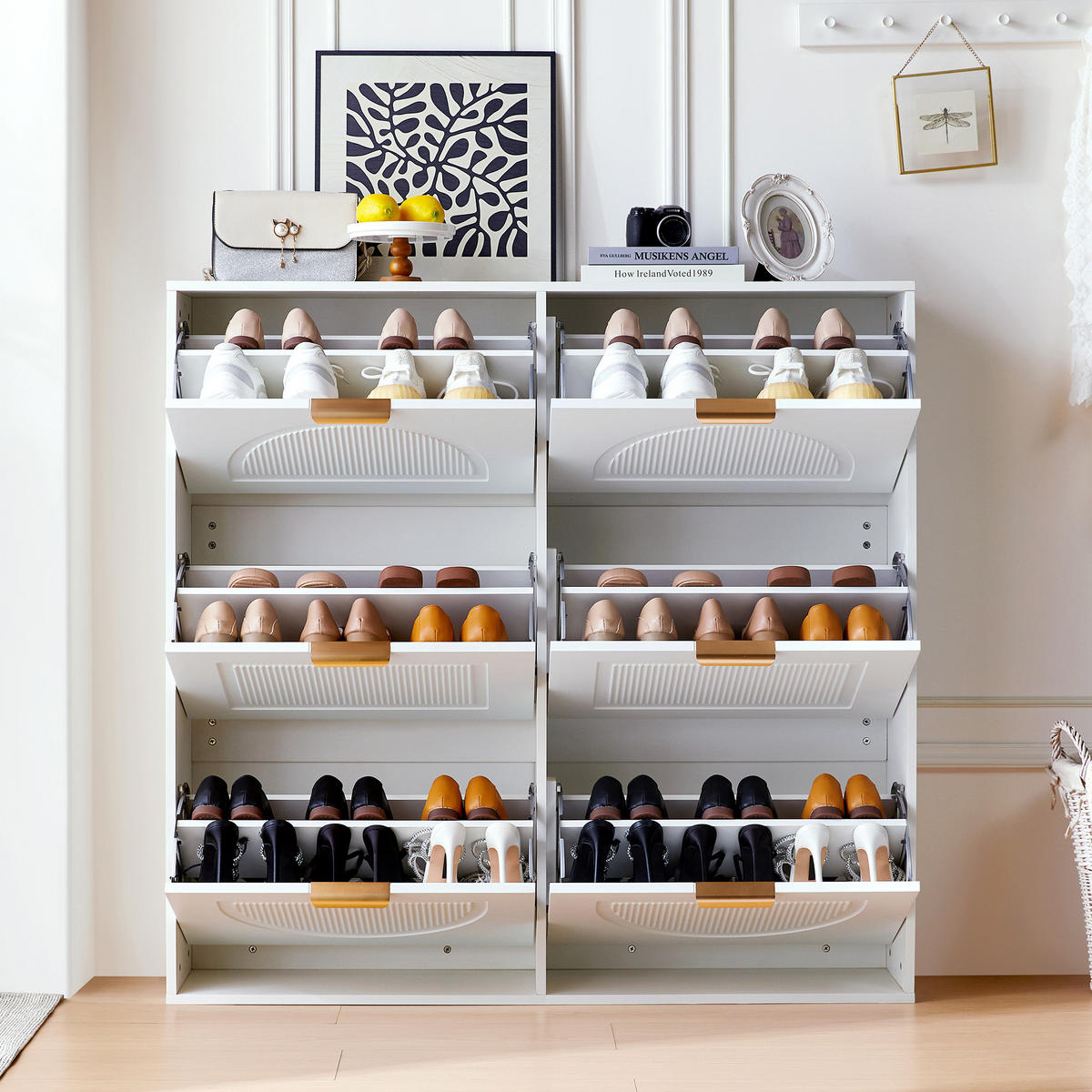 SCHUHSCHRANK Modern 6 Fächer Weiß 118x25x115cm - Weiß, Holzwerkstoff (25/115/118cm) - FLIEKS