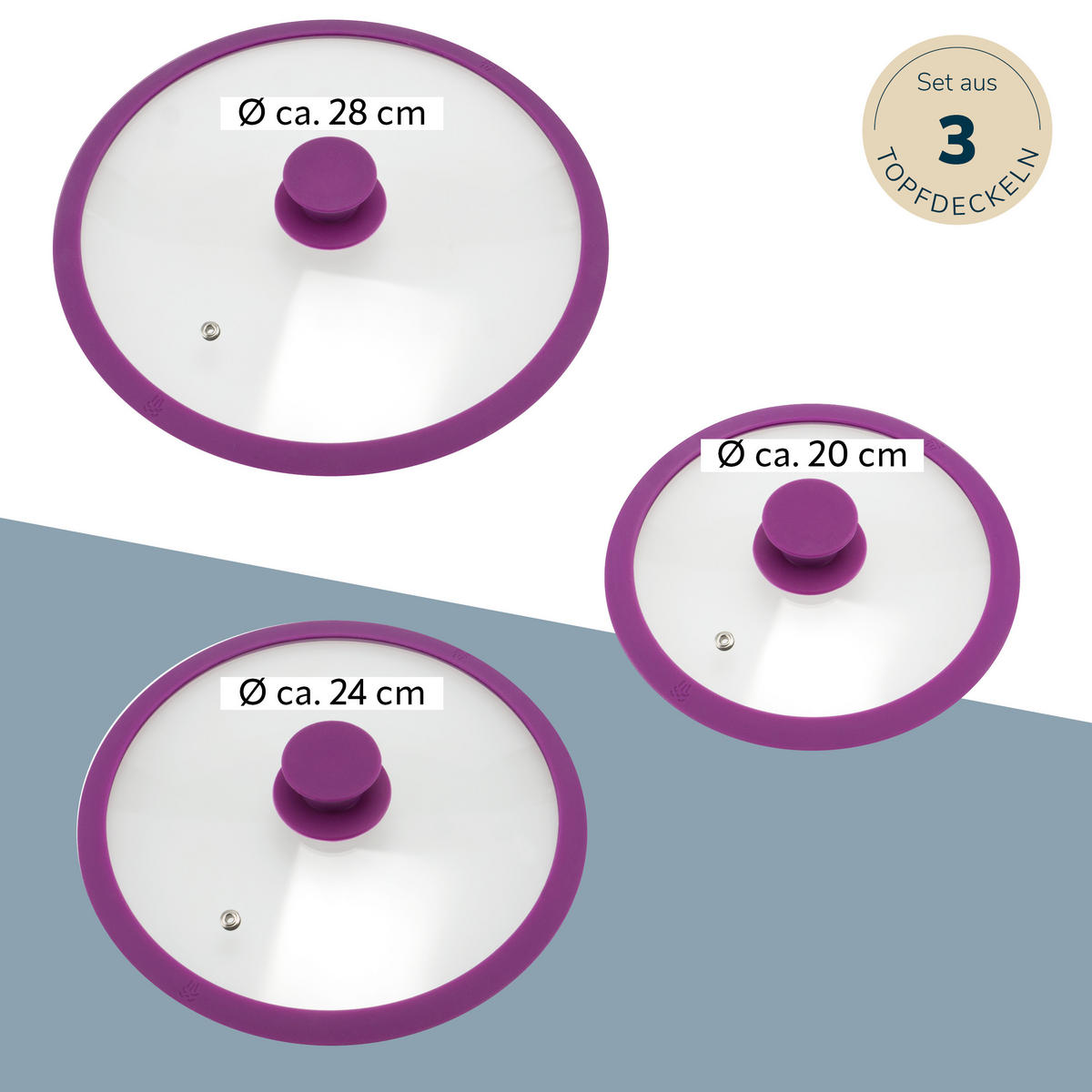 UNIVERSAL-GLASDECKEL 3er-Set, gelb - Violett, Glas (28/28/4cm) - bremermann
