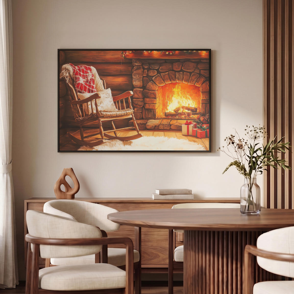 LEINWAND Bilder mit Rahmen - Winter - Weihnachten - Zuhause - Kamin - 90x60 - Bernsteinfarben, Textil (90/60cm) - MuchoWow