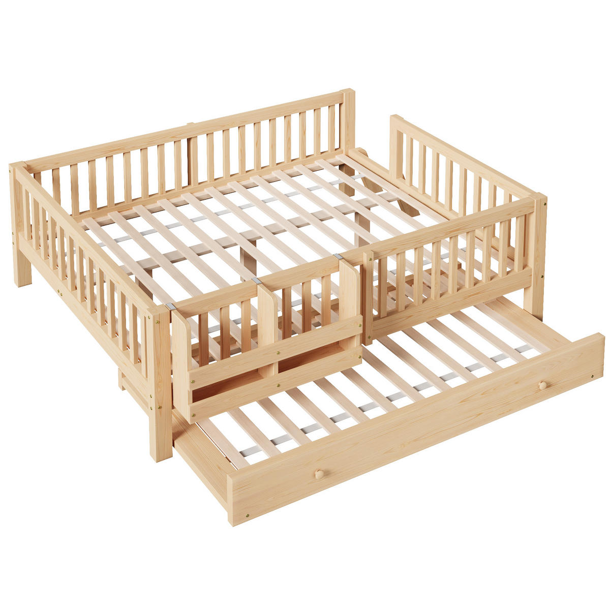 KINDERBETT 140/200 cm in Holzfarben mit Ausziehbett, Regal und Rausfallschutz Massivholz skandinavisches Design - Naturfarben, Holzwerkstoff (140/200cm) - STILVORA