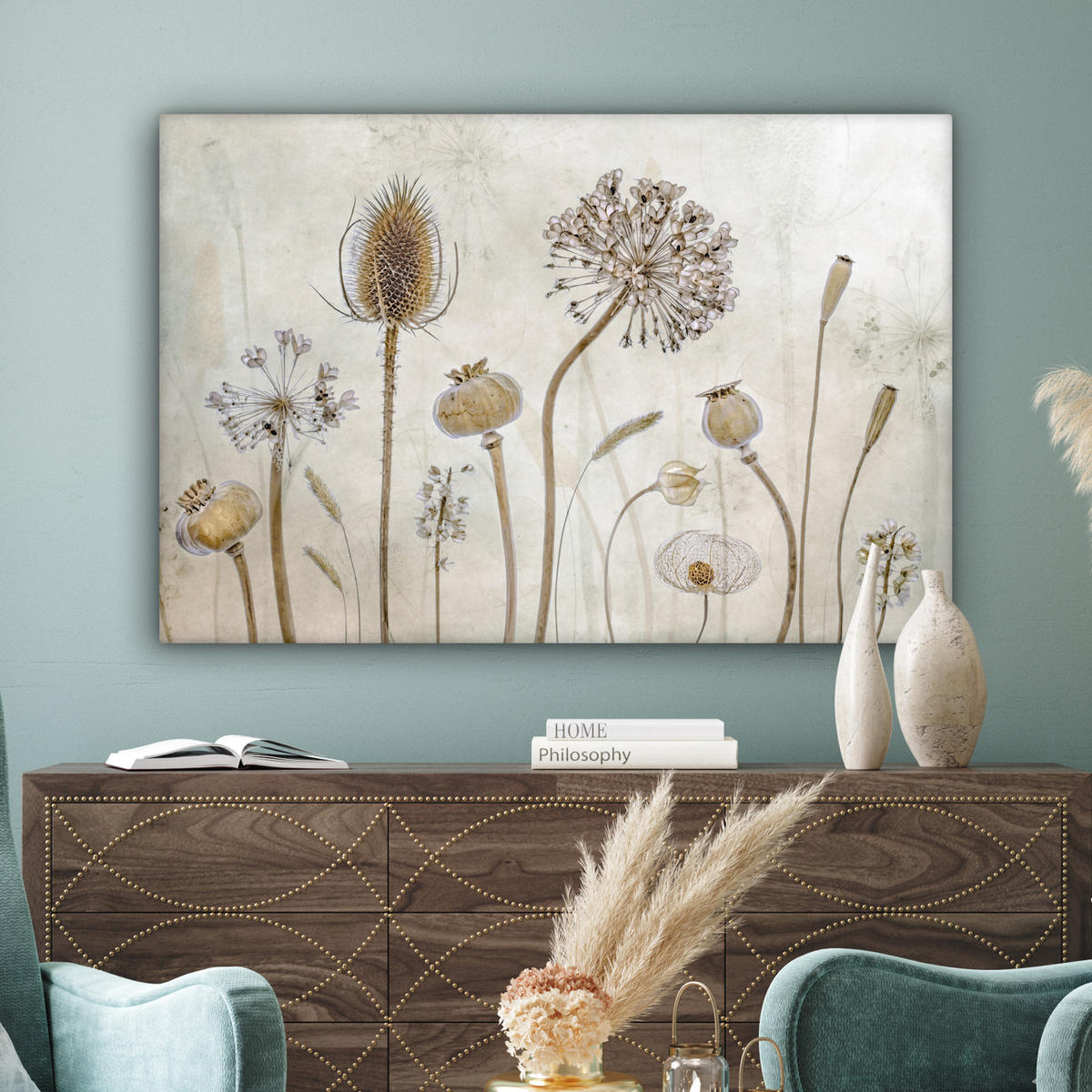 LEINWANDBILD Blumen - Aquarell - Stilleben - Braun - Vintage Wohnzimmer Groß 120x80 cm - Beige, Textil (120/80cm) - MuchoWow