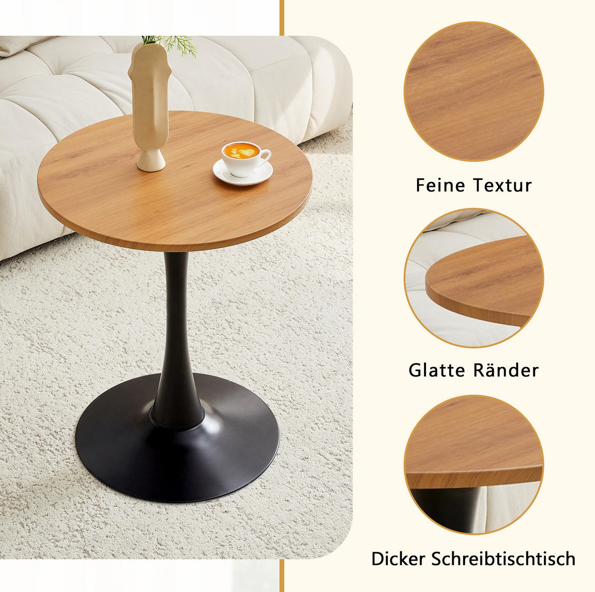 BEISTELLTISCH 60/60/72 cm mit runder Tischplatte, Thermoform-Oberfläche und stabilem Metallfuß, Schwarz/Holzfarben - Naturfarben, Holzwerkstoff (60/60/72cm) - Redom
