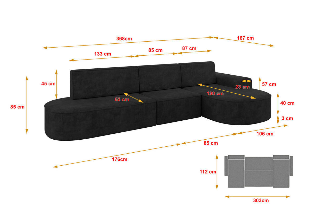 ECKSOFA mit Schlaffunktion Ottomane RECHTS MARI L2-S 368X167X85 Schwarz Velours - Schwarz, Holzwerkstoff/Kunststoff (167/368cm) - ALTDECOR