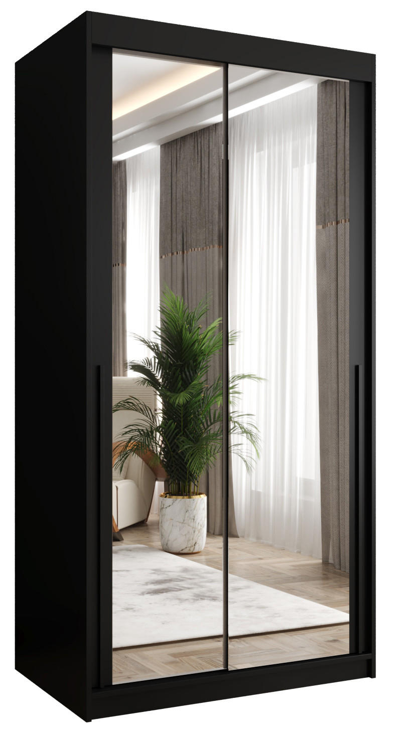SCHIEBETÜRENSCHRANK mit Spiegel 100 cm Breite, schwarz, mit schwarzem Griff - Schwarz, Holzwerkstoff (100/200/62cm) - Home Collective