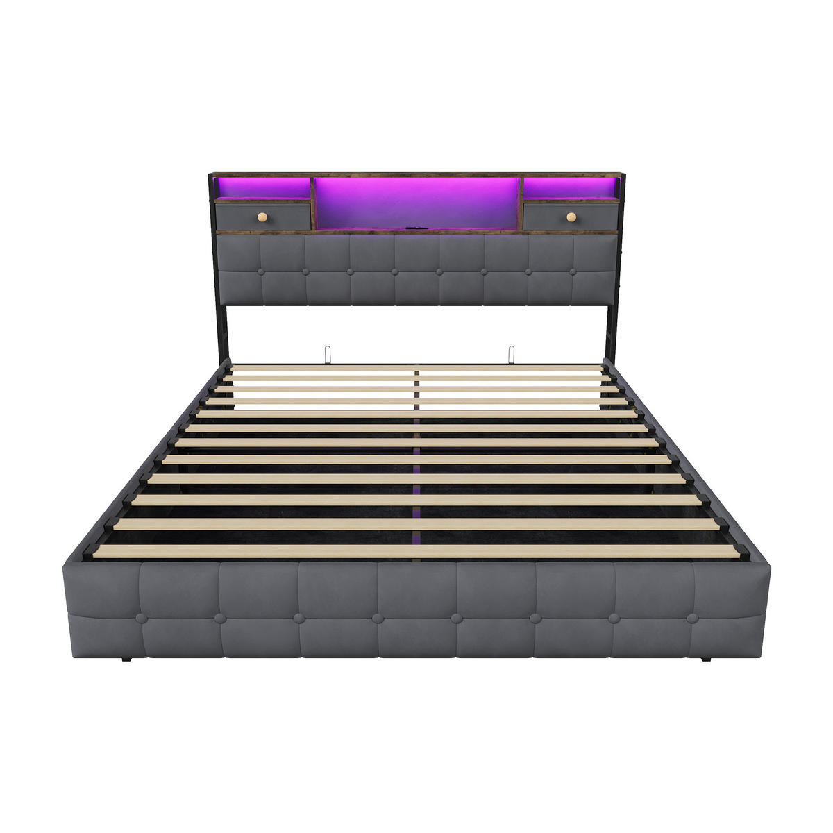 POLSTERBETT 140/200 cm mit multifunktionalem Ablagekopfteil, Schubladen, RGB-LED, USB-Anschluss und Chesterfield-Knopfsteppung - Grau, Holz/Metall (140/200cm) - Joyfair
