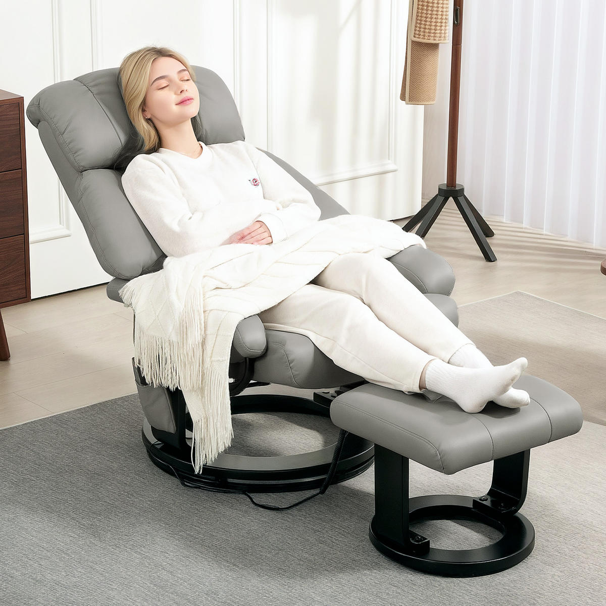 RELAXSESSEL mit Fußhocker, Massagesessel mit Liegefunktion Fernbedienung Grau - Schwarz/Grau, Kunststoff/Metall (80/102/76cm) - HOMCOM