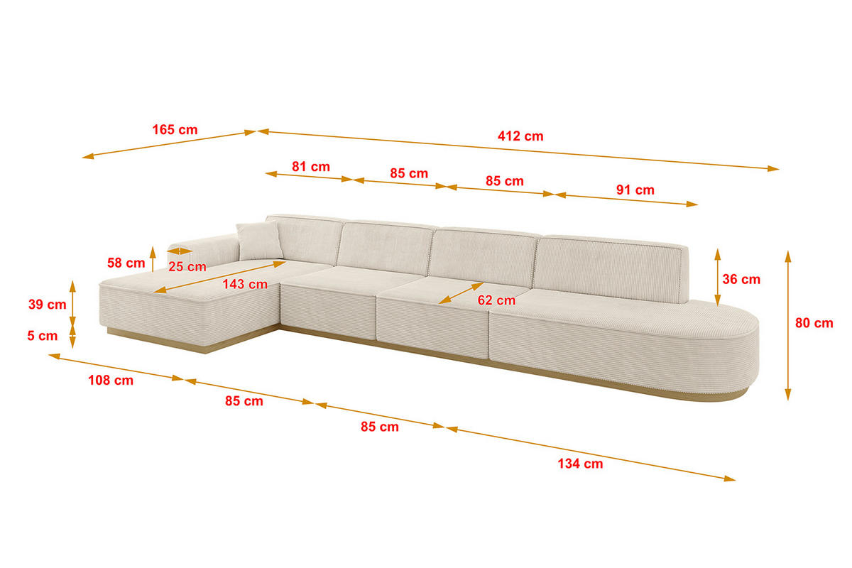 ECKSOFA Ottomane Links IREA-L3-v2 - 412x165x80 cm Beige - Beige, Holzwerkstoff/Textil (412/165cm) - ALTDECOR