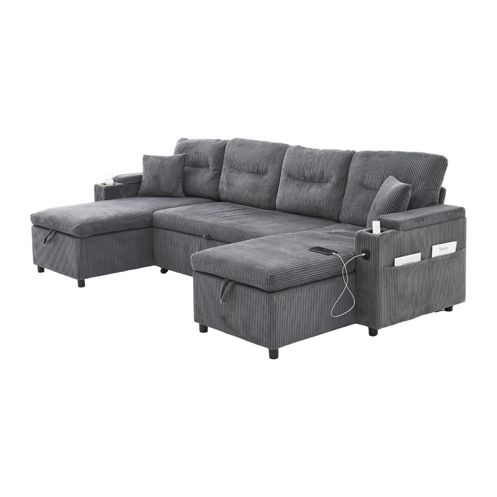 SCHLAFSOFA 4-Sitzer mit Chaiselongues, USB und Stauraum, Schwarz - Grau, Textil (272/86/136cm)