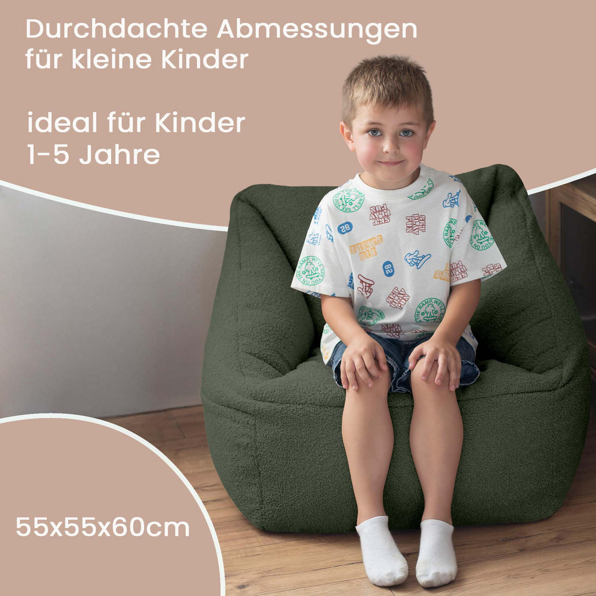 SITZSACK-SESSEL Bambino 55/60/55 cm, weicher Bouclé 315 g/m², mit Griff & Seitentasche, Grün - Grün, Textil (55/55/60cm) - Dreamroots