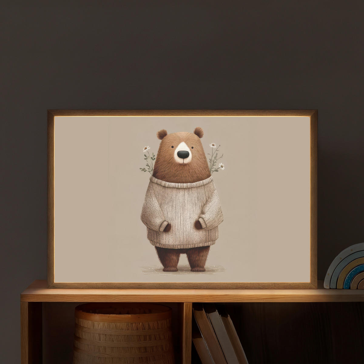 DOBÍJECÍ NOČNÍ LAMPIČKA Medvěd - Bílé květy - Cosy 60x40 cm - šedohnědá, kompozitní dřevo (8/60/40cm) - OnlyWow