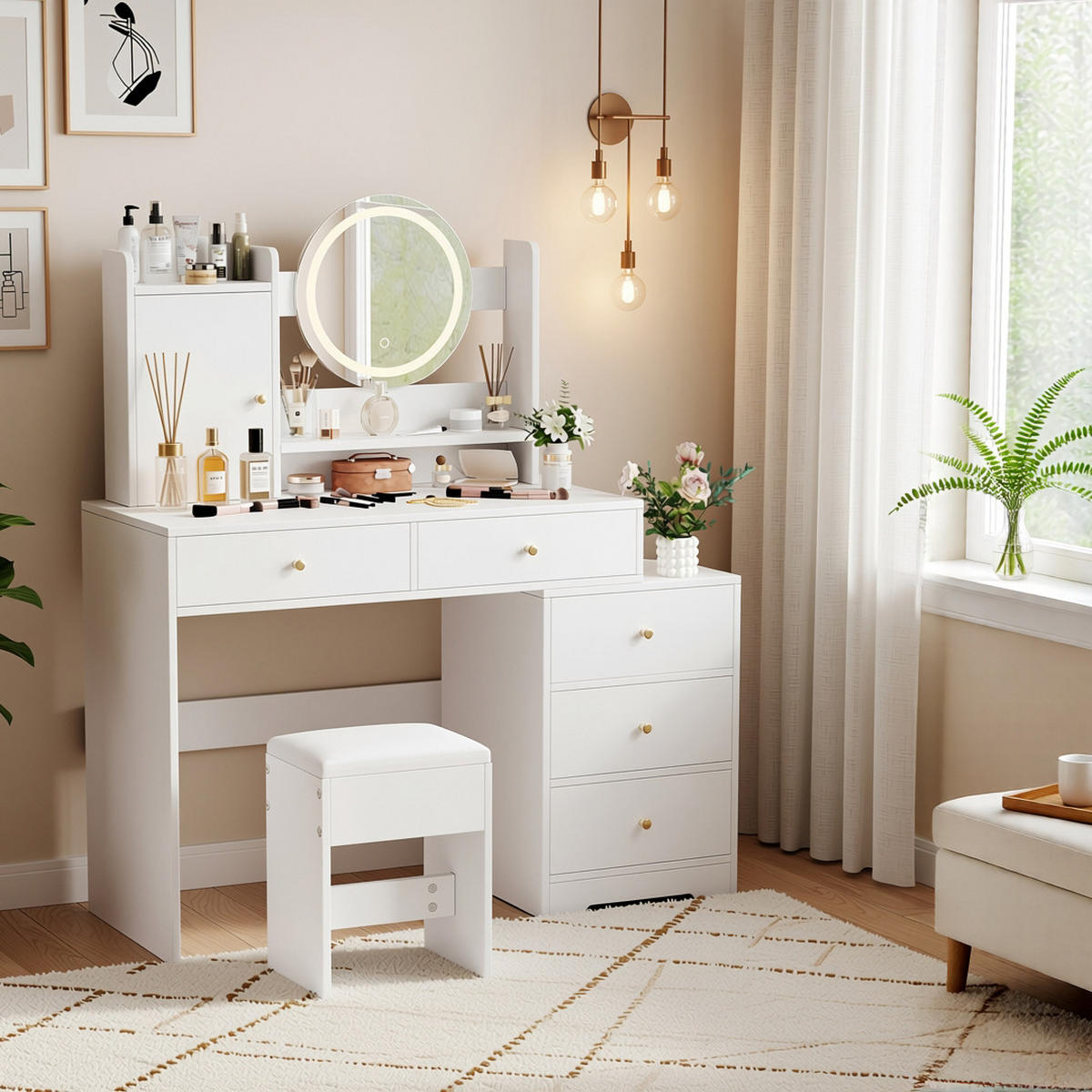 SCHMINKTISCH-SET mit LED-Beleuchtung & Hocker Weißer 90×40×132 cm - Weiß, Glas/Holzwerkstoff (90/132/40cm) - Urban Meuble