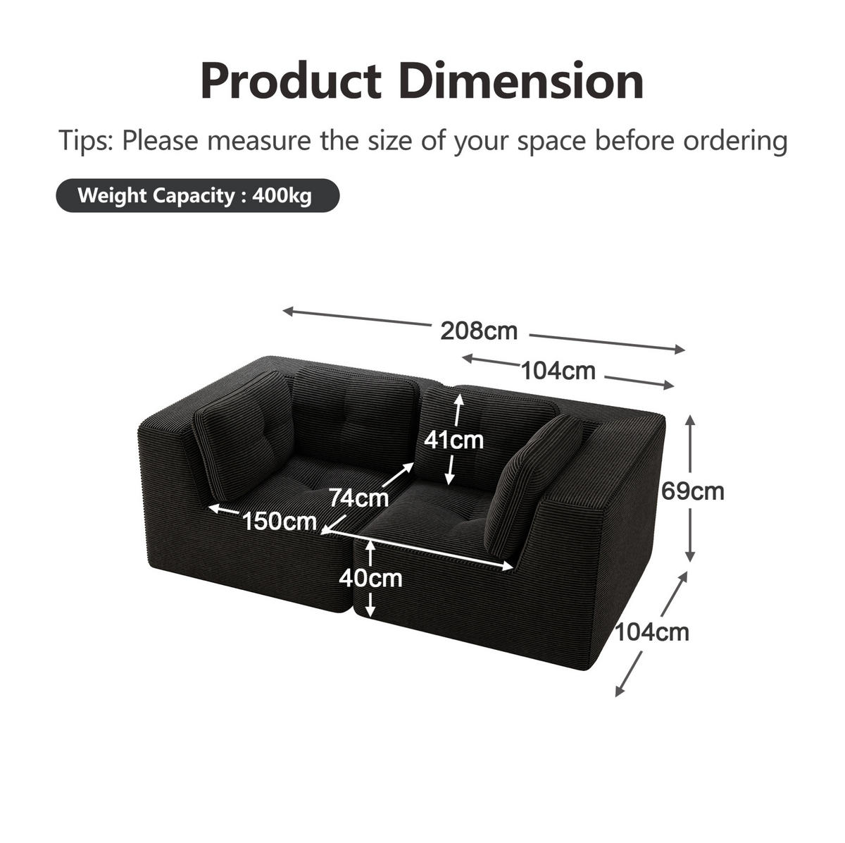ECKSOFA 208/104/69 cm schwarz aus Cord mit modularem Design - Schwarz, Textil (104/208cm) - OKWISH