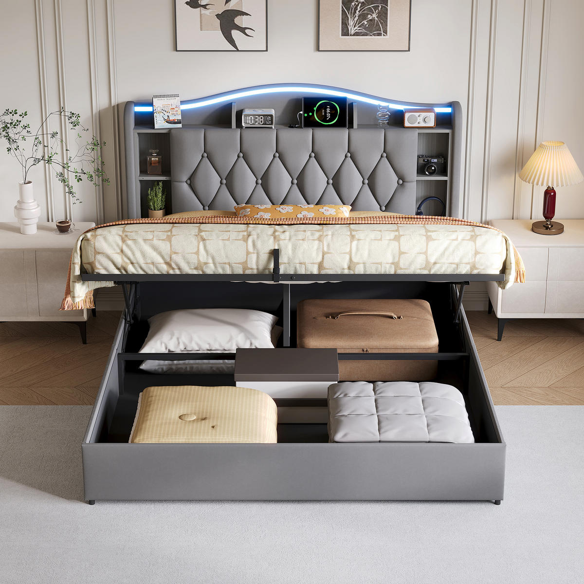 POLSTERBETT 140/200 cm grau mit Stauraum, LED und USB - Grau, Holz