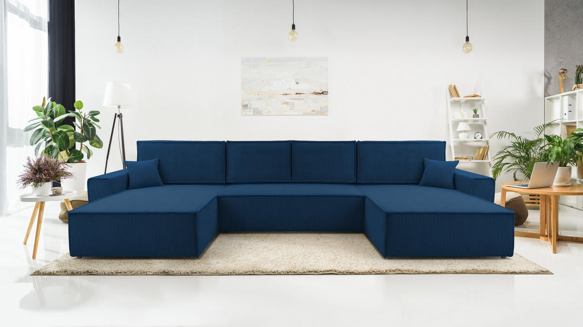 WOHNLANDSCHAFT Cedria Blau 389/145/85 cm mit Schlaffunktion - Schwarz/Dunkelblau, Kunststoff/Textil (389/85/145cm) - AX Living