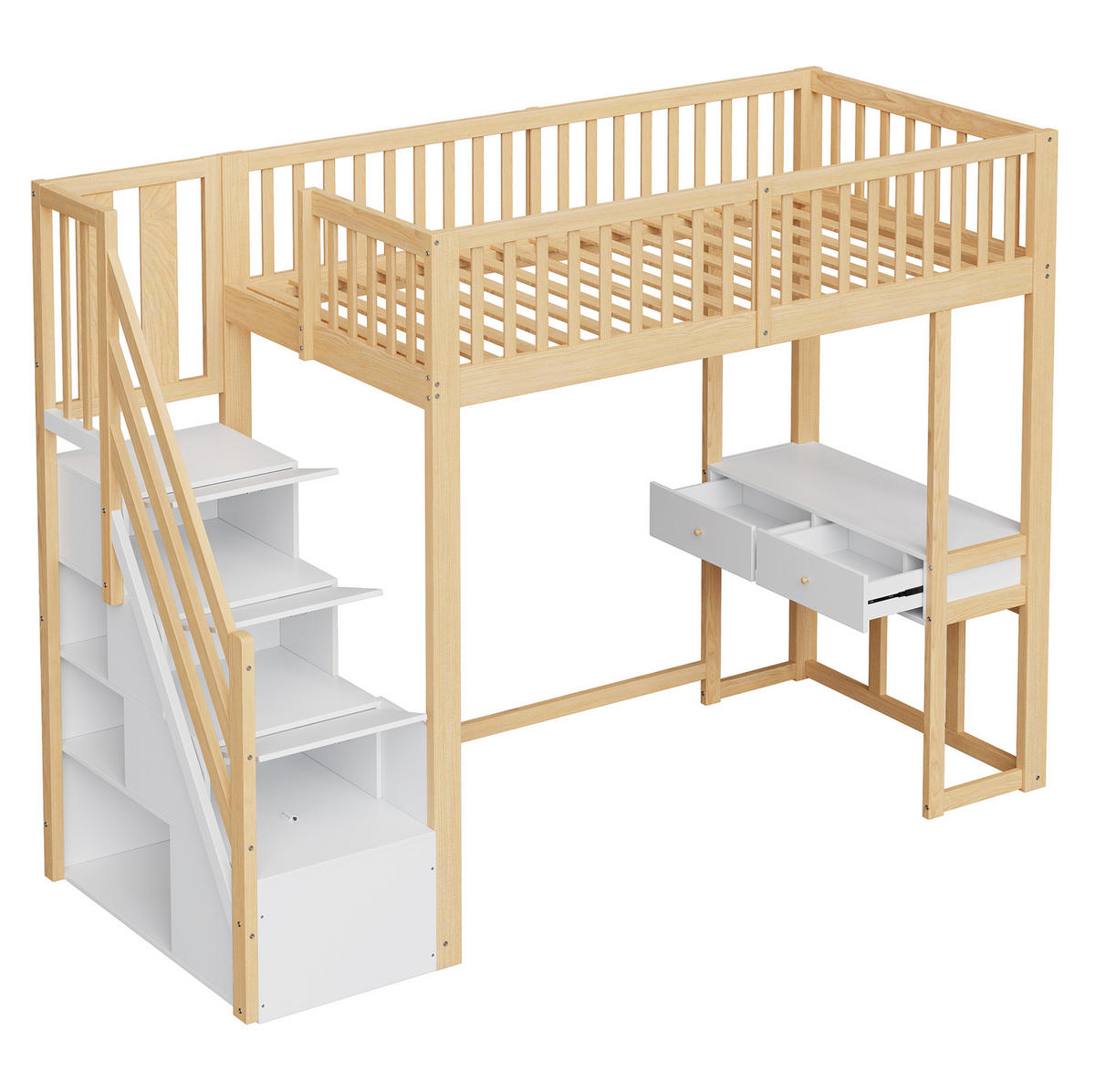 HOCHBETT 90/200 cm aus Kiefer, Sperrholz und MDF mit Tisch und Aufbewahrungstreppe Weiß/Lichteiche - Eichefarben, Holz (90/200cm) - Modenvie