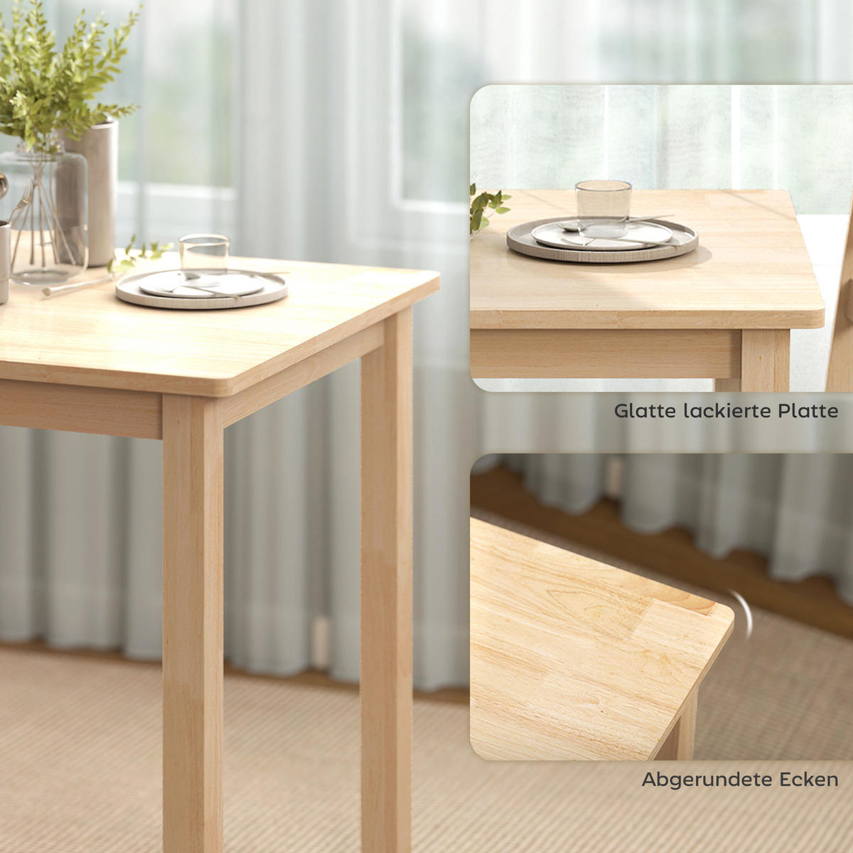 ESSGRUPPE 3er Set Kautschukholz MDF Naturholz - Naturfarben/Grau, Holz/Textil (60/74.5/80cm) - HOMCOM