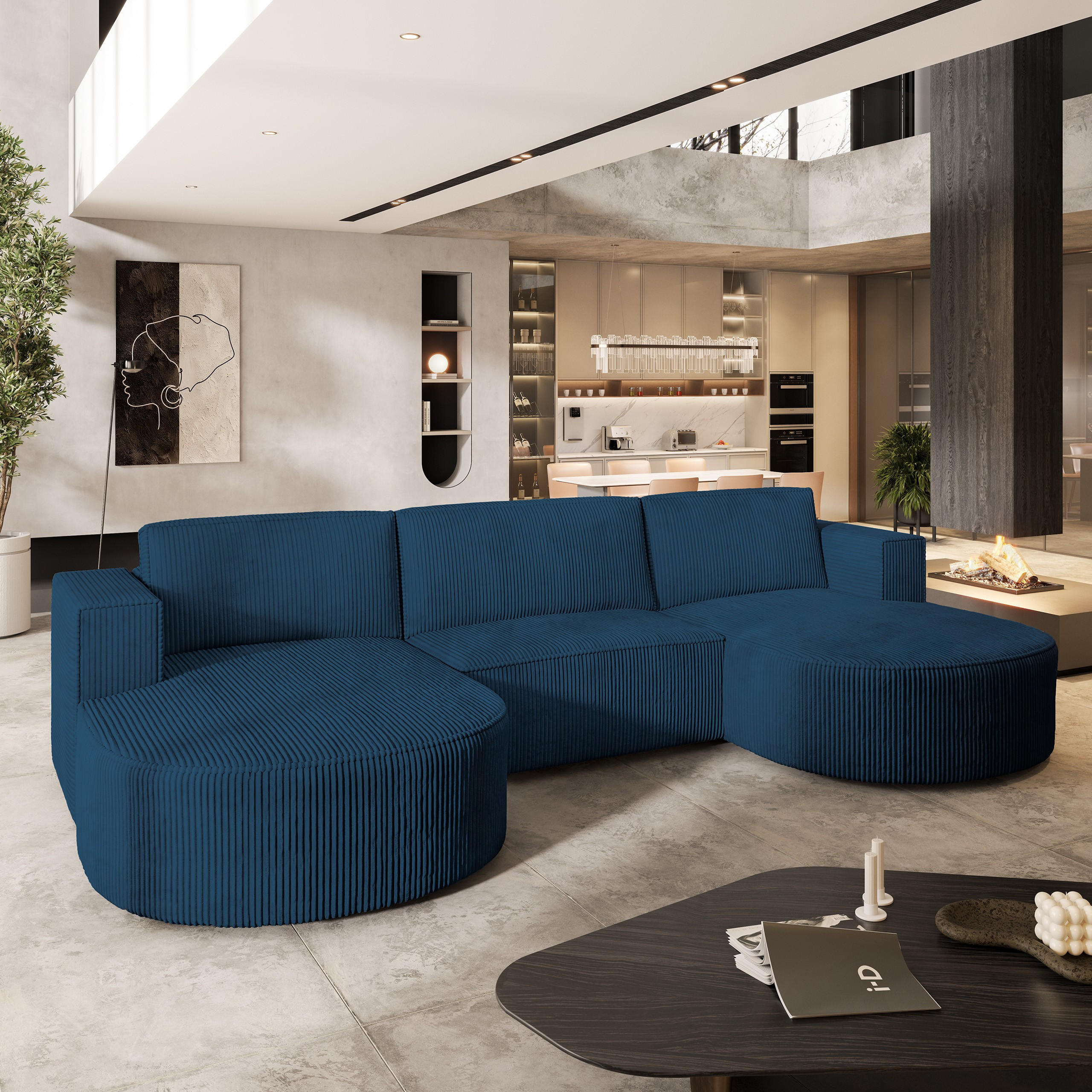 WOHNLANDSCHAFT VEZZO P Blau Kordstoff mit Schlaffunktion - Blau, Holz (347/85/174cm) - MASSENO