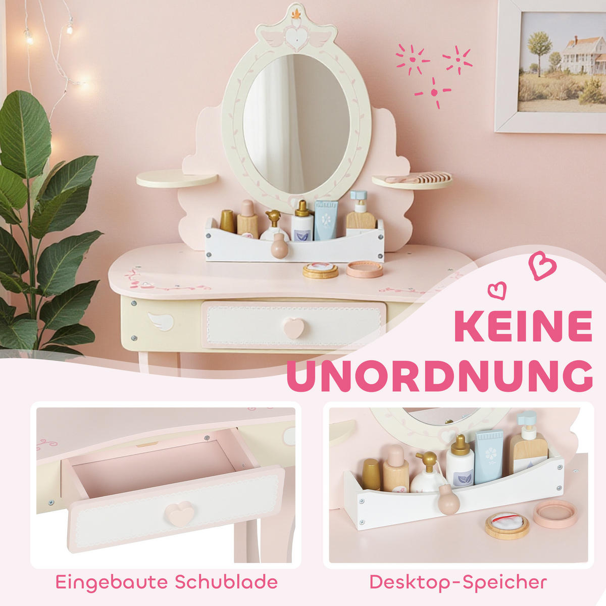 SCHMINKTISCH Kinder, Schminktisch-Set mit Hocker Schublade abnehmbarem Spiegel - Rosa, Holz/Holzwerkstoff (29.6/89.8/59.8cm) - AIYAPLAY