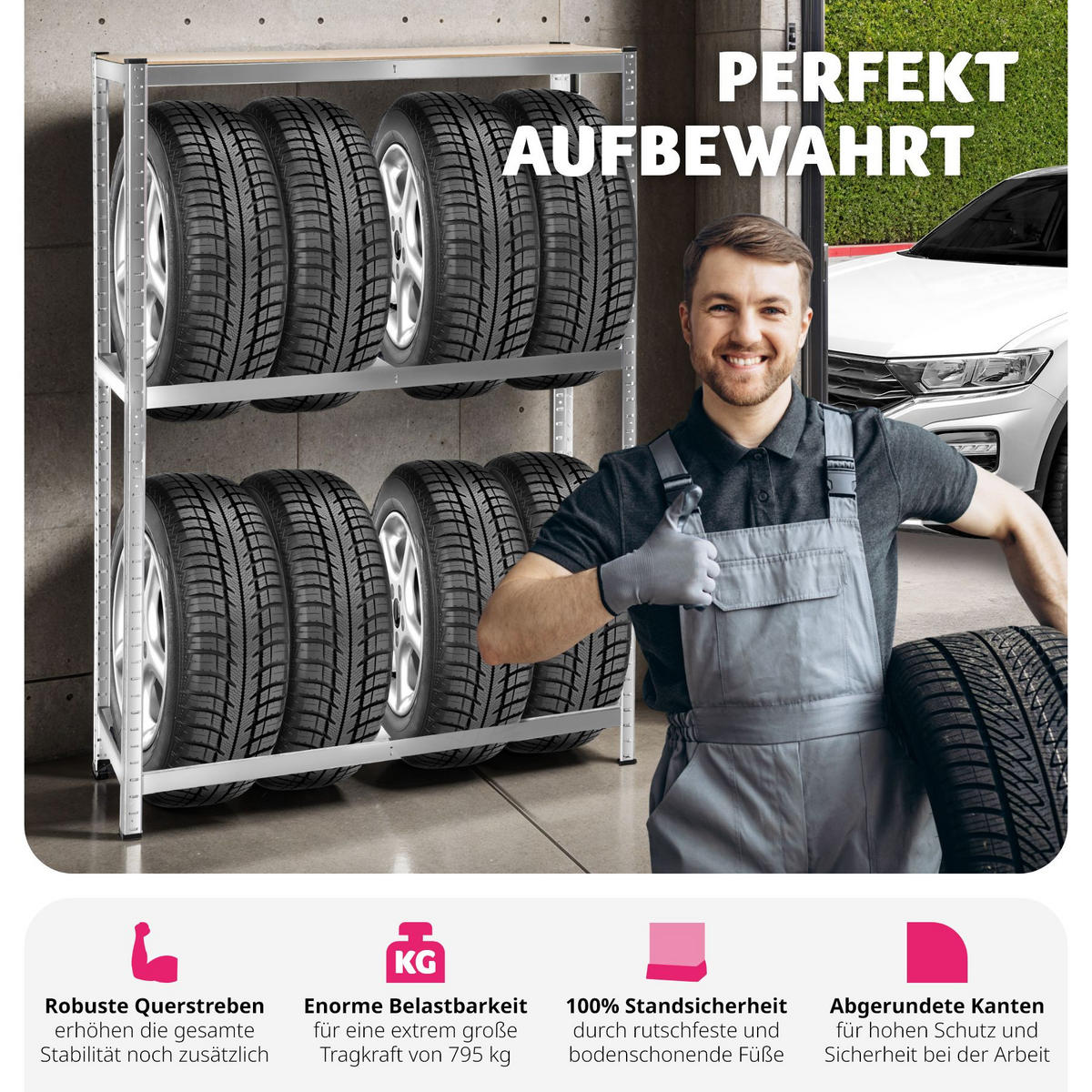 REIFENREGAL ,120 x 40 x 180 cm,grau - Grau, Metall (40/180/120cm) - tectake