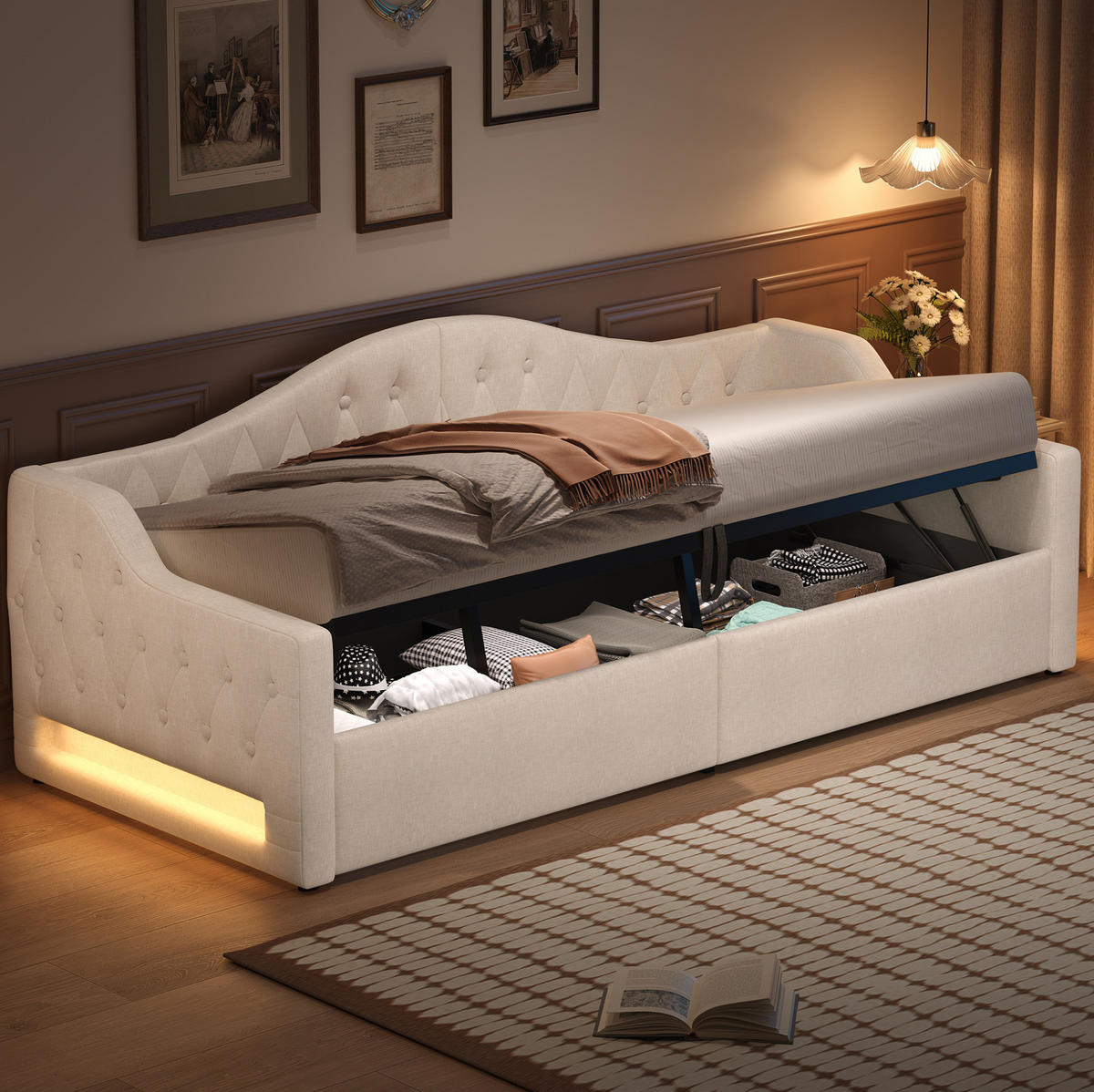 POLSTERBETT 90/200 cm Beige aus MDF mit Stauraum und LED-Beleuchtung - Beige, Holzwerkstoff (90/200cm) - OKMYHOME