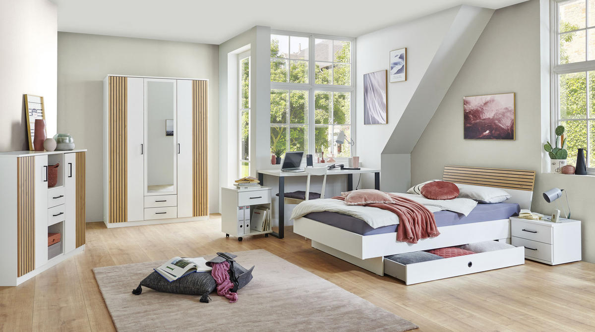 JUGENDZIMMER Rügen in Weiß und Artisan Eiche 7 teilig mit Drehtürenschrank - Weiß, Holzwerkstoff (120/200/80cm)