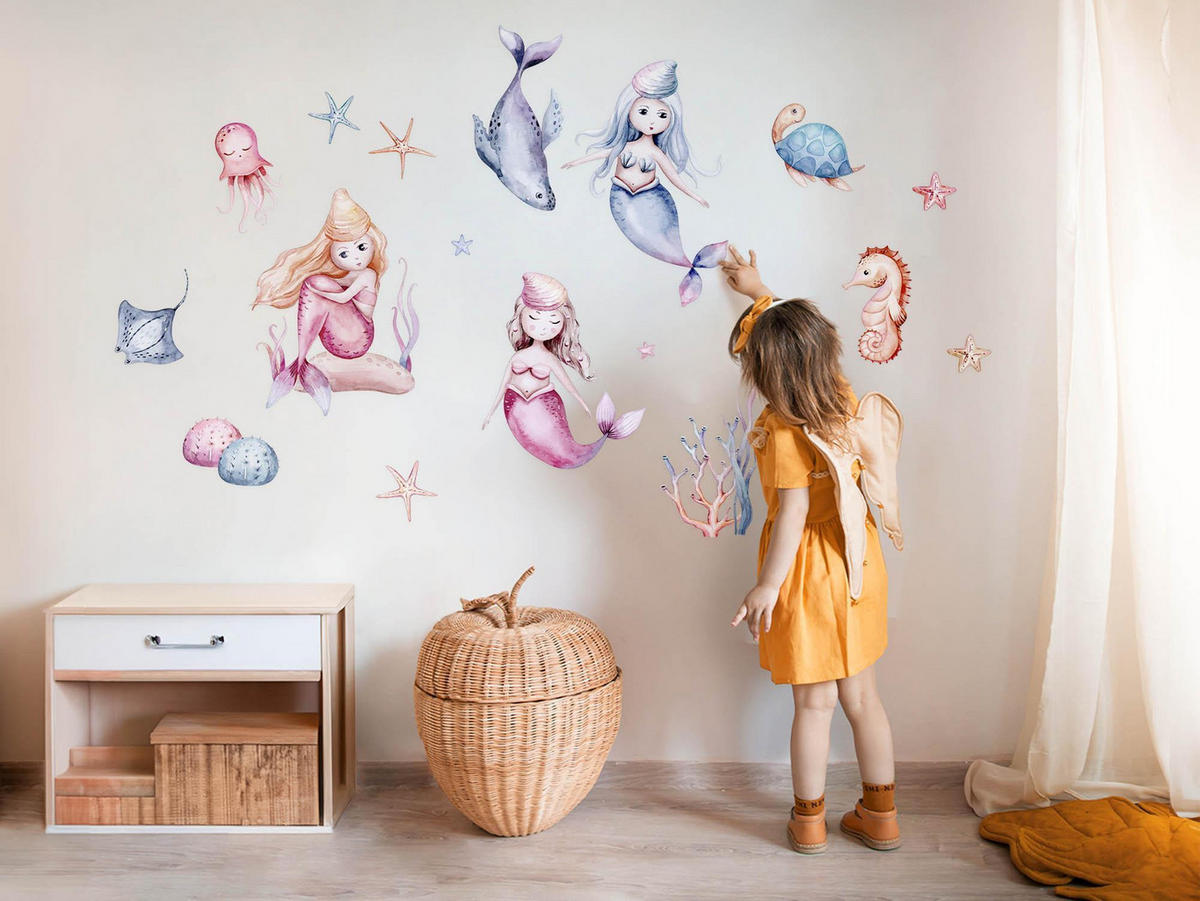 WANDAUFKLEBER 130x164cm - Die Welt der kleinen Meerjungfrauen - Multicolor, Kunststoff (130/164/0.1cm) - Wallfluent