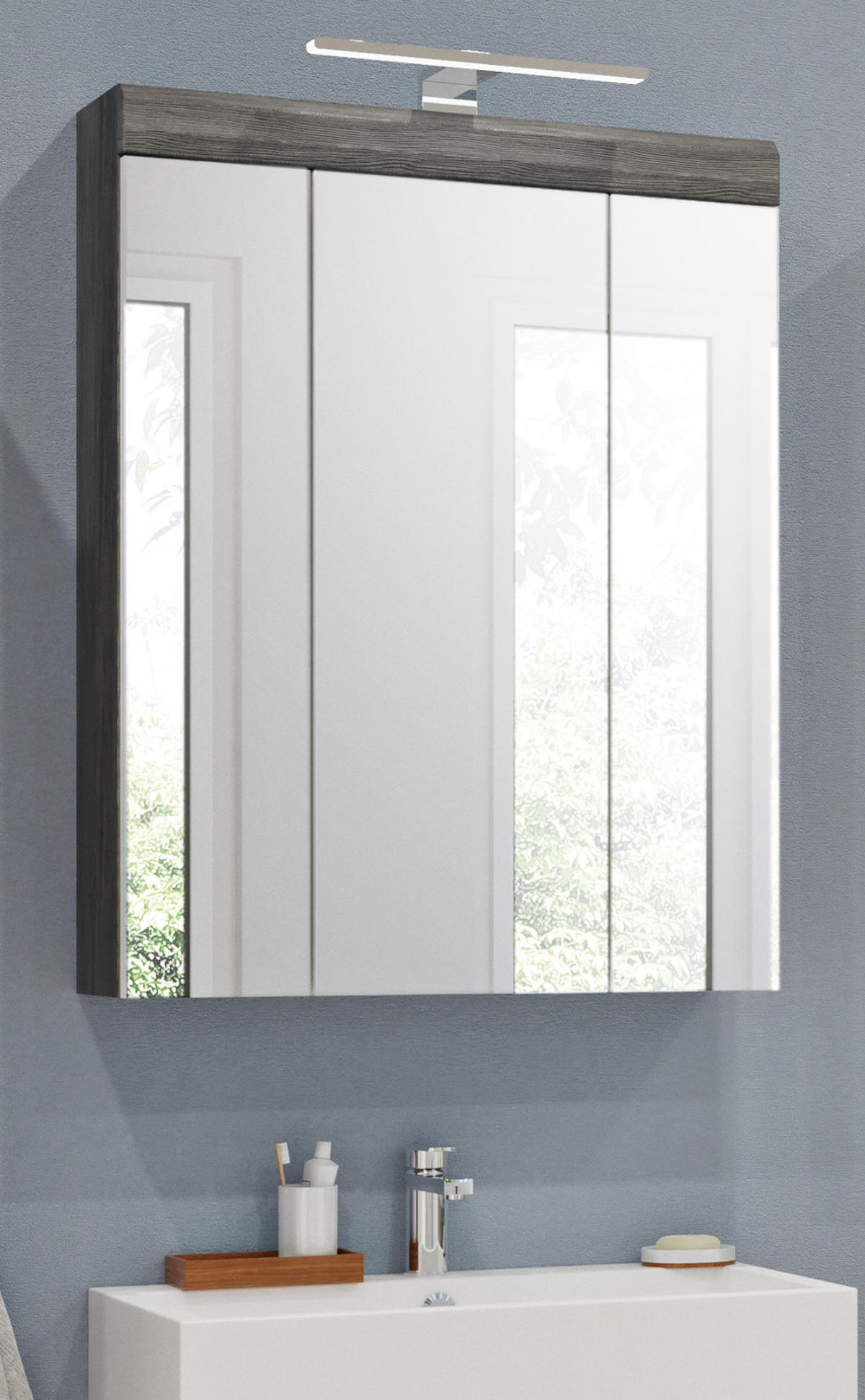 SPIEGELSCHRANK grau 60 x 79 cm, Badschrank 3-türig mit Spiegeltüren - Grau, Glas/Holzwerkstoff (60/79/18cm) - Inn.Furn