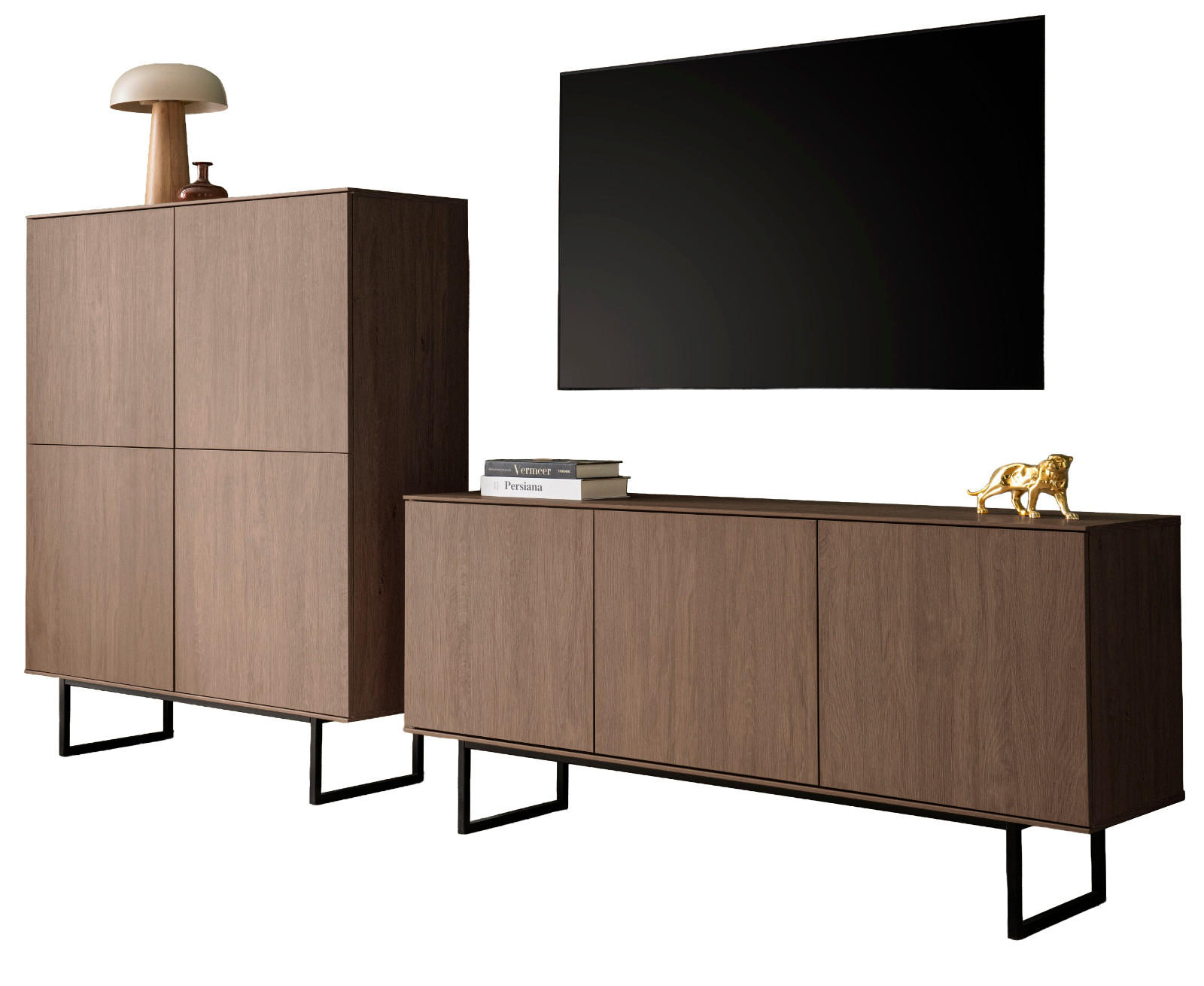 WOHNWAND in Nussbaum 2-teilig 280 cm, Wohnkombination mit Push-to-Open - Nussbaumfarben/Schwarz, Holzwerkstoff/Metall (280/137/40cm) - Furn.Design