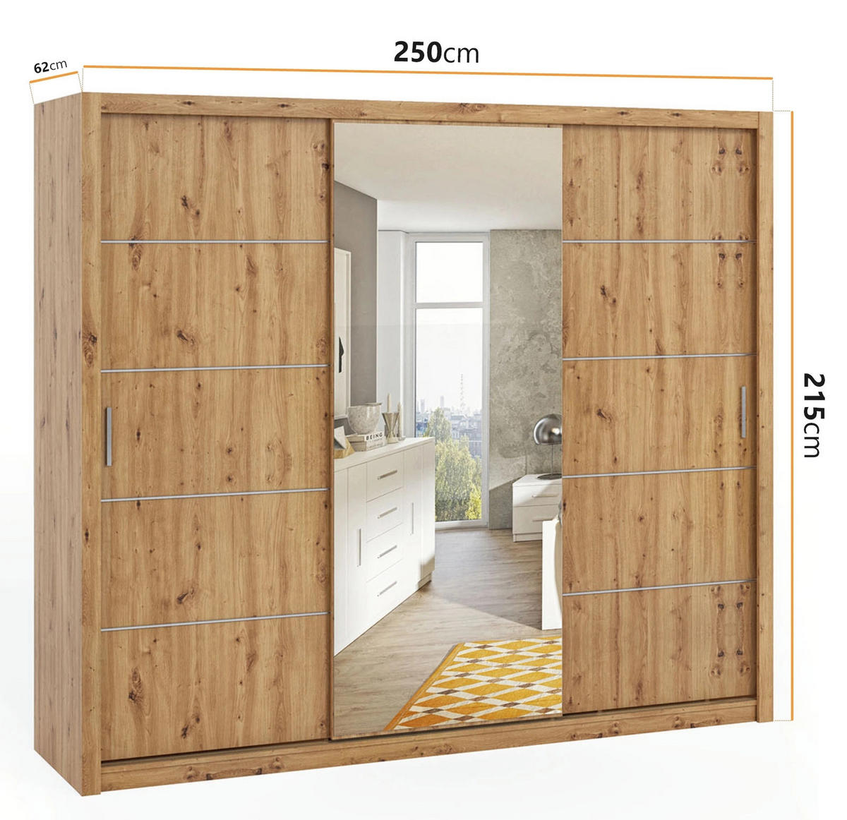 SCHIEBETÜRENSCHRANK Tamiza 250/215/62 3-türig - Silberfarben/Eiche Artisan, Holzwerkstoff/Kunststoff (250/215/62cm) - Ravio