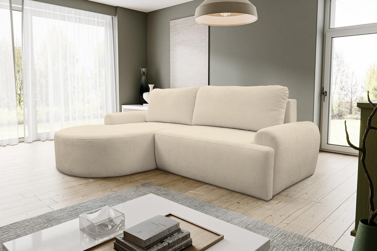 ECKSOFA Dream in L-Form mit Schlaffunktion und Bettkasten, Farbe: Beige, Bouclé-Stoff, Ottomane Links - Beige, Textil (136/260cm) - VENASI MÖBEL