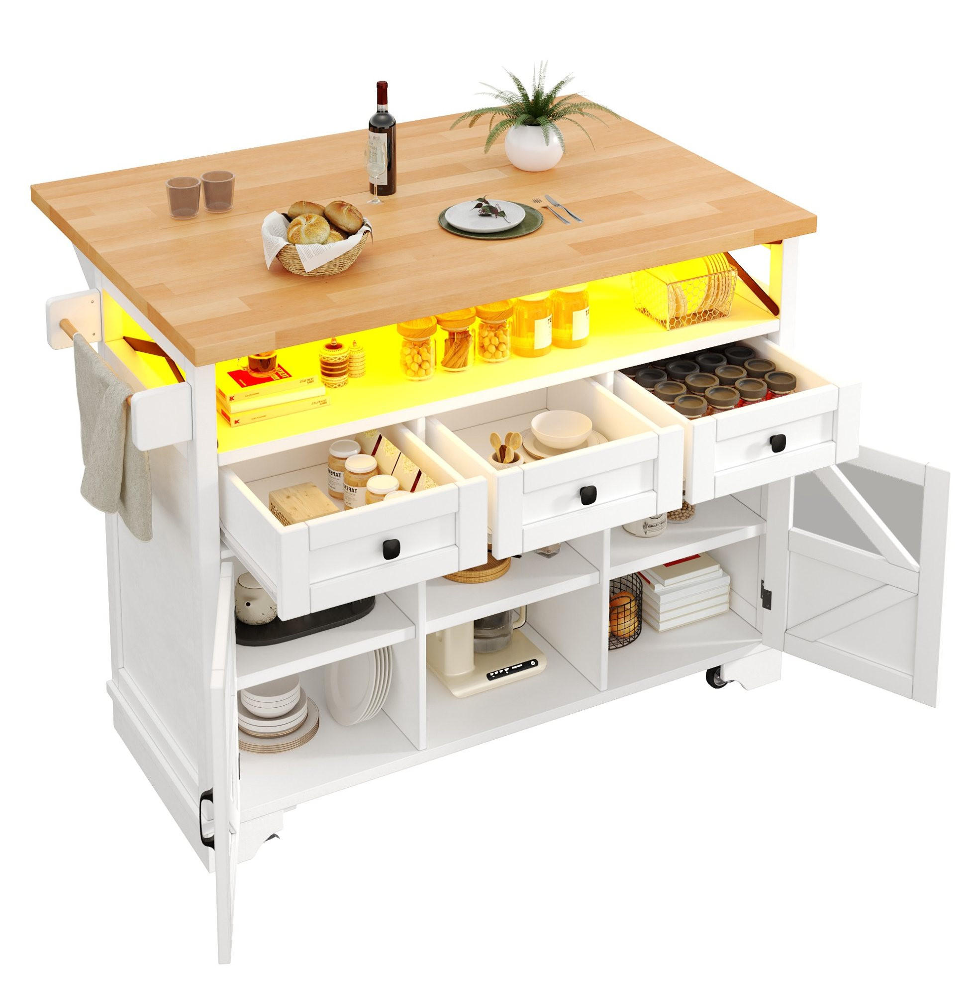 KÜCHENWAGEN 120/71/98 cm in Weiß mit Klapptisch und LED-Beleuchtung - Weiß, Holzwerkstoff (120/98/43cm) - Flora Grace