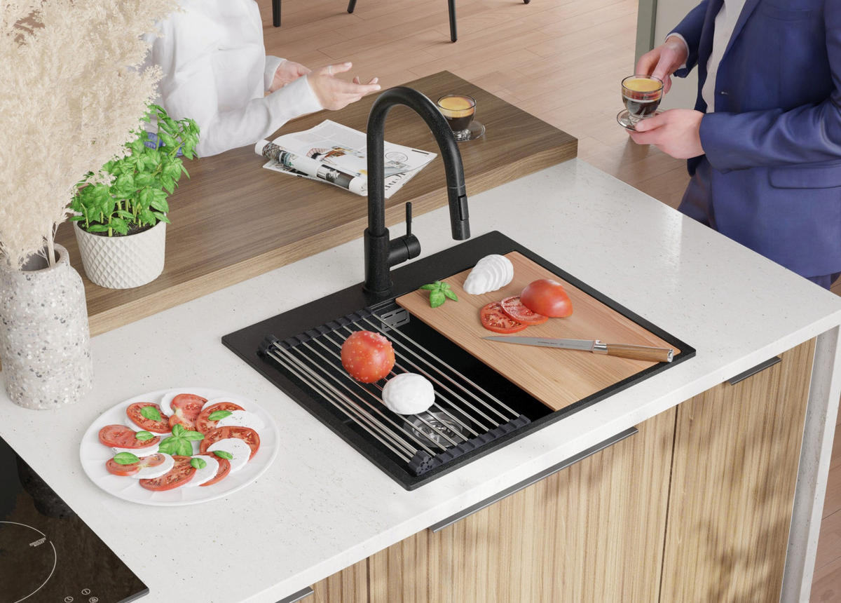 SPÜLBECKEN Oslo, 2-er set Anthrazit 58/50 cm 1 Becken + Ablauf-Set + Schneidebrett ab 60er Unterschrank - Chromfarben/Anthrazit, Kunststoff (58/20/50cm) - Primagran