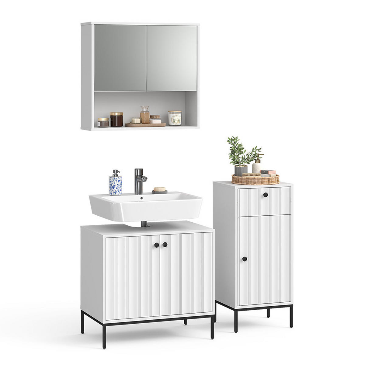 BADMÖBEL-SET Eliza Weiß Riffel 3 Teile - Weiß, Holzwerkstoff (70/65/45cm) - Vicco