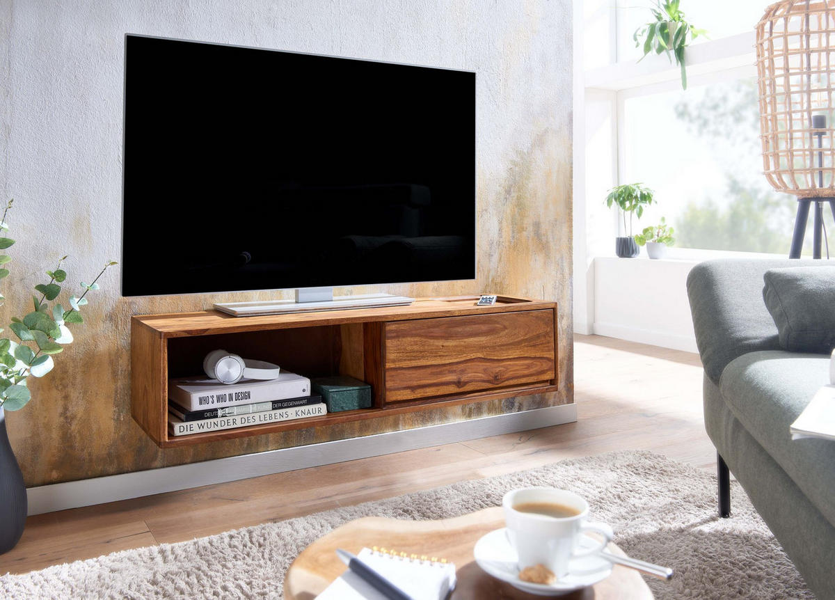 LOWBOARD Massivholz Modern Stil für Fernseher bis 50 Zoll mit Schublade und offenem Fach - Braun, Holz (108/25/34cm) - KADIMA DESIGN