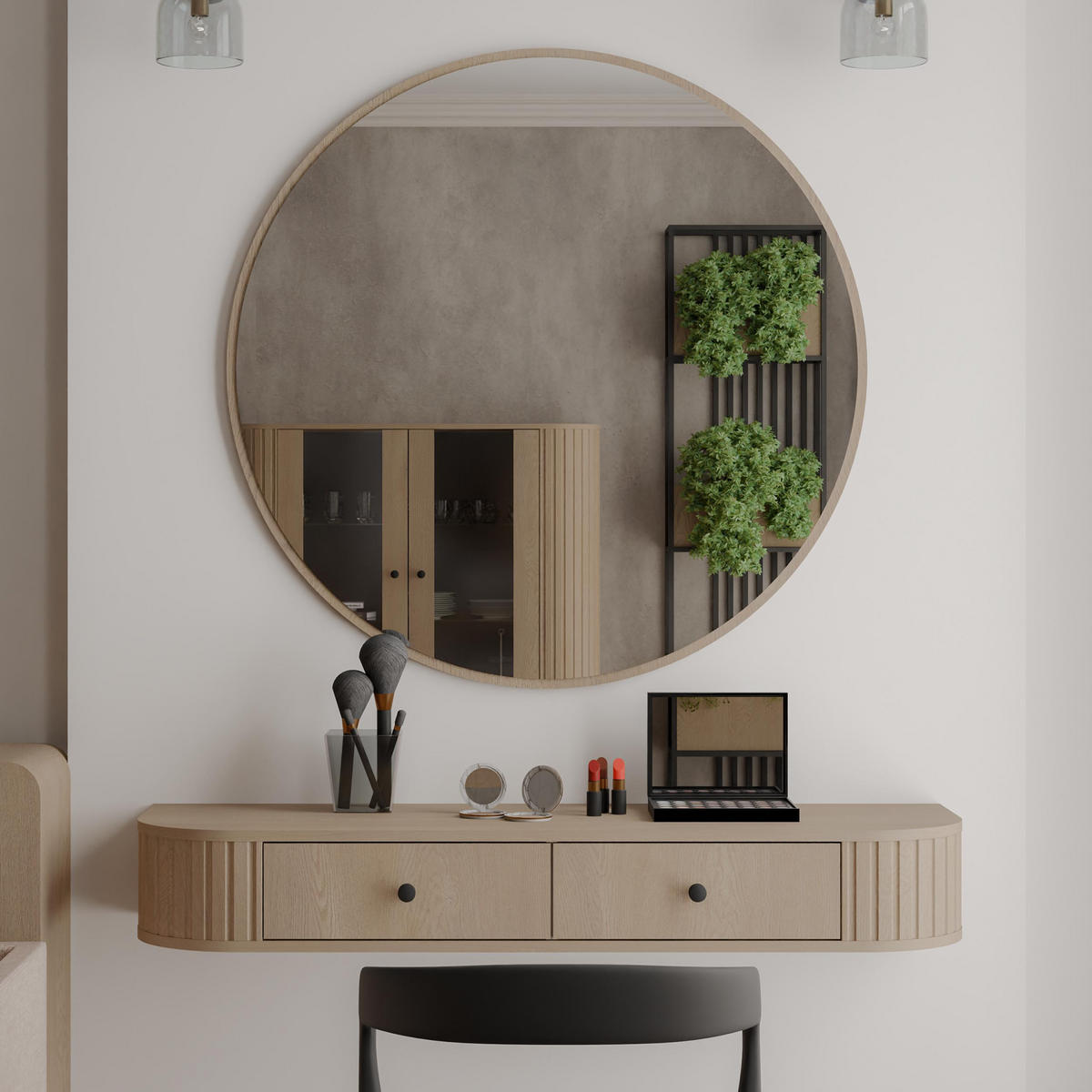 KONSOLENTISCH Halay Eiche Cremona 2 Schubladen mit runden Kanten + Rund Spiegel 100 cm - Eichefarben/Schwarz, Holzwerkstoff/Metall (35.9/123/17.5cm) - AX Living