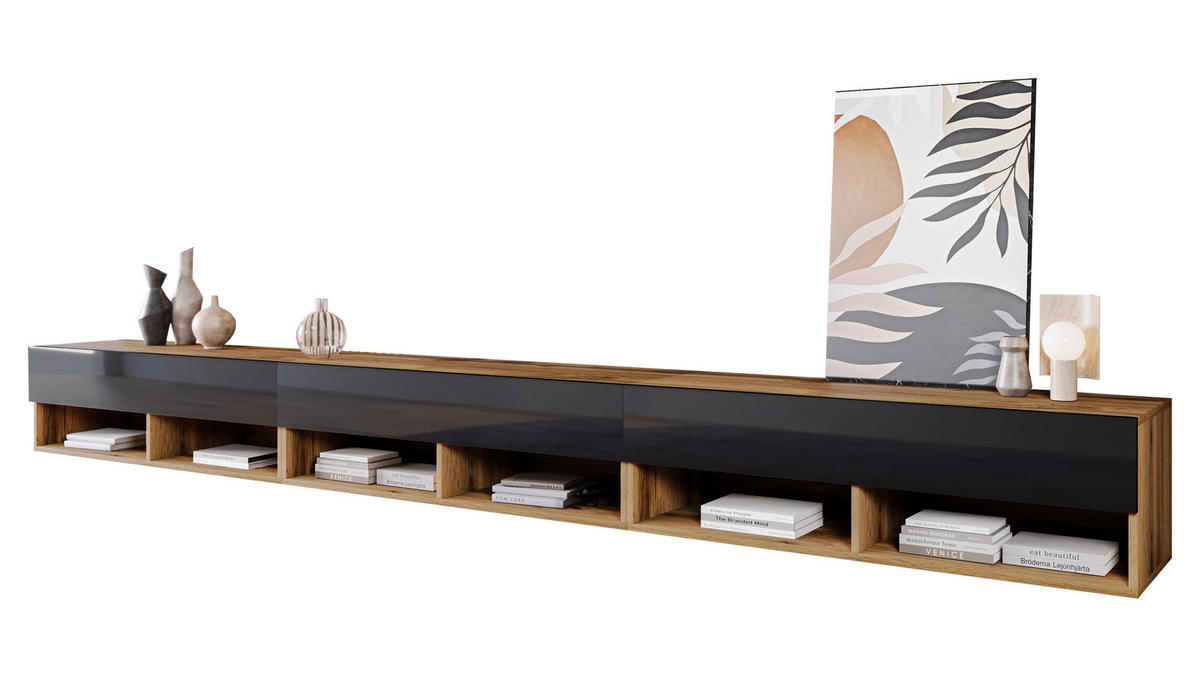 TV-LOWBOARD A300 - Schwarz Hochglanz/Eiche Wotan, Holzwerkstoff (300/32/33cm) - MIRJAN24