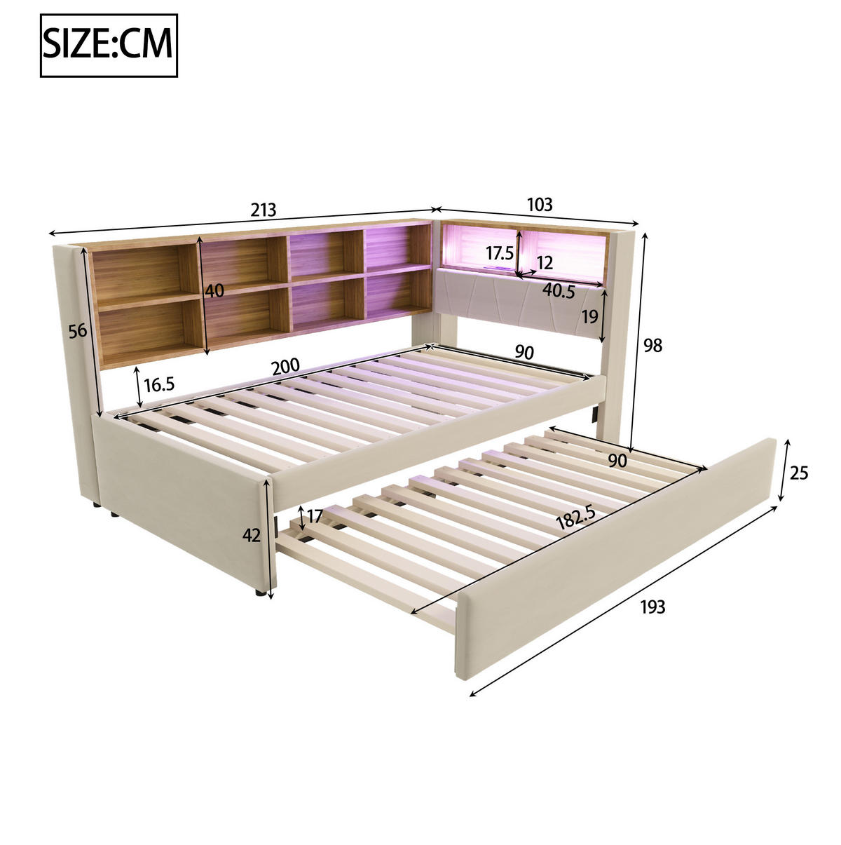 POLSTERBETT 90/200 cm Beige mit LED-Beleuchtung, Stauraum und USB- und Type-C-Anschlüssen - Beige, Textil (90/200cm) - Flora Grace