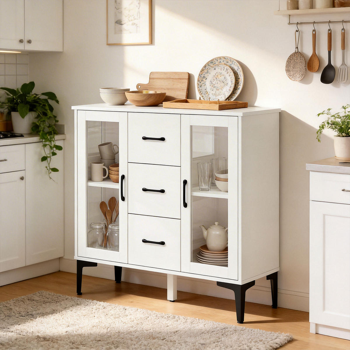 SIDEBOARD Weiß, 3 Schubladen, 2 Glastüren, 90/38/86 cm - Weiß, Holz (90/86/38cm) - PANGIVO