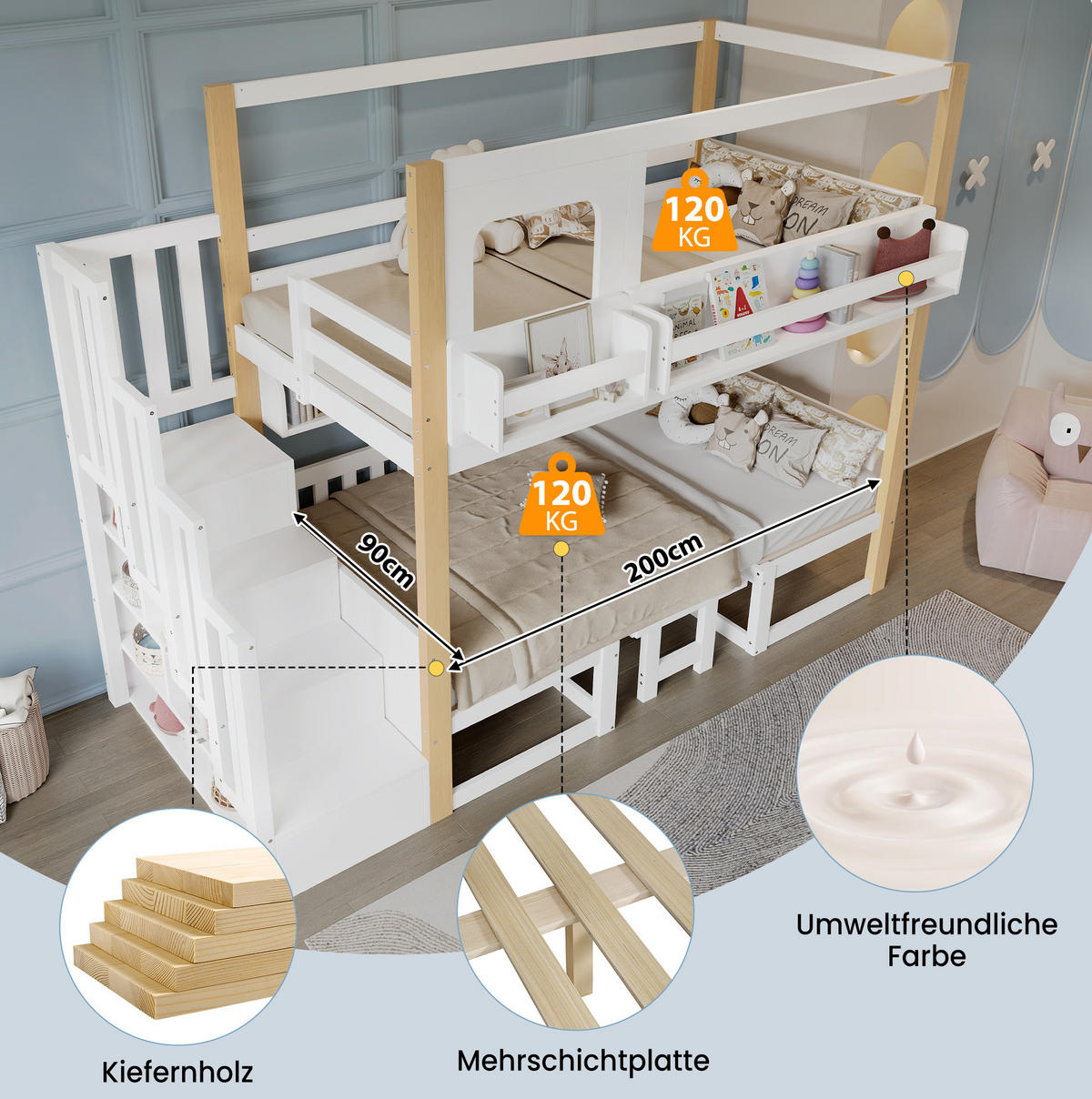 ETAGENBETT aus Kiefer und MDF 90x200 cm Weiß/Natur mit Klapptisch, Aufbewahrungstreppe und Bücherregal - Weiß, Holzwerkstoff (90/200cm) - Modfu