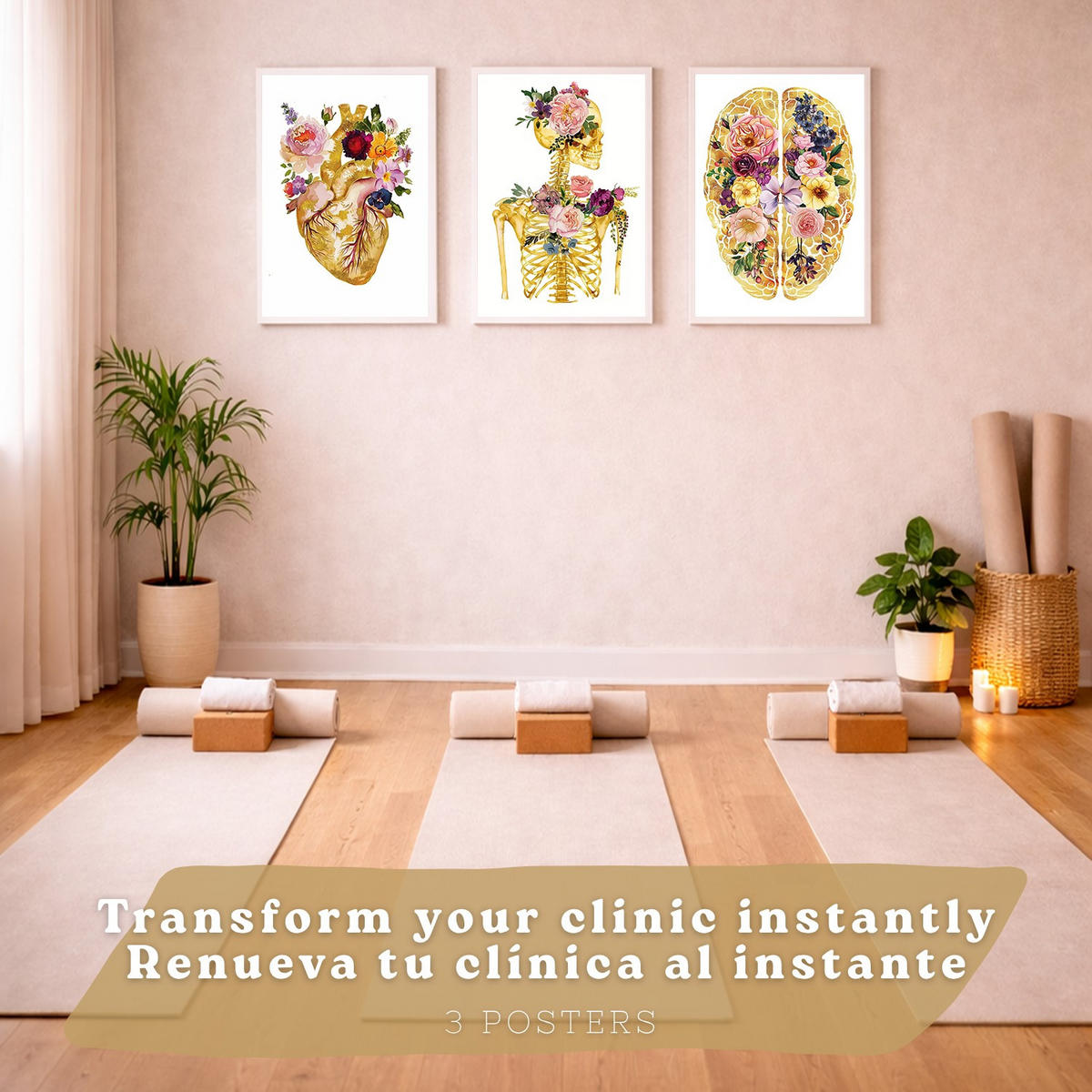 POSTER Set aus 3 Anatomie Mensch Drucke und Wandbilder mit Herz Gehirn und Skelett Goldenes Florales Design Wanddekoration Größe Weißer Rahmen A4 - Weiß, Papier (21/29.7/3cm) - Nacnic
