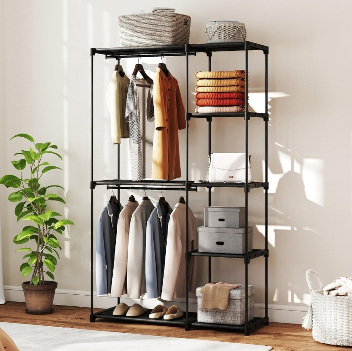 KLEIDERSCHRANK aus Stahl 111x43x185 cm Schwarz mit 2 Kleiderstangen und 6 Ablagen, tragbar und platzsparend - Schwarz, Metall (111/185/43cm) - Modfu