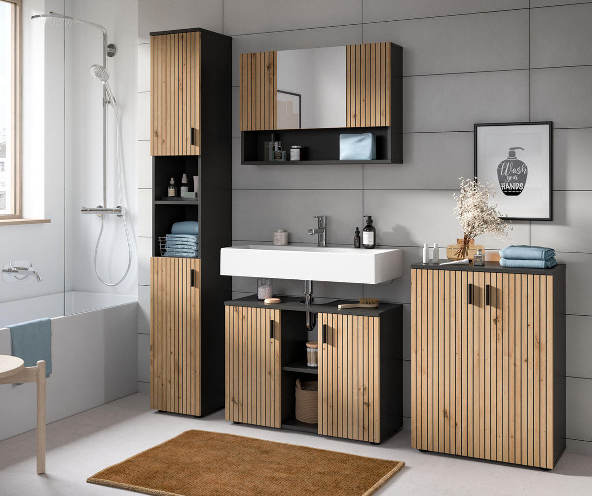 SPIEGELSCHRANK Eiche Artisan, grau 80 x 55 cm, Badschrank 3-türig - Eiche Artisan, Glas/Holzwerkstoff (80/55/17cm) - Inn.Furn