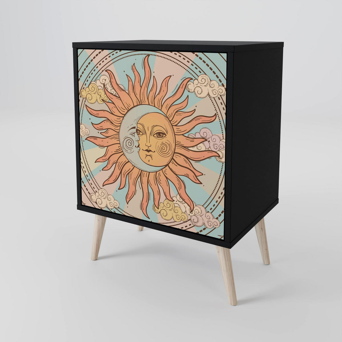 SIDEBOARD MYSTICAL STRUCTURE, Schwarz, 57,5x42x70,5 cm, Schwarze Metall-Sternfüße - Multicolor/Schwarz, Holzwerkstoff/Metall (57.5/70.5/42cm) - SpaceRebels