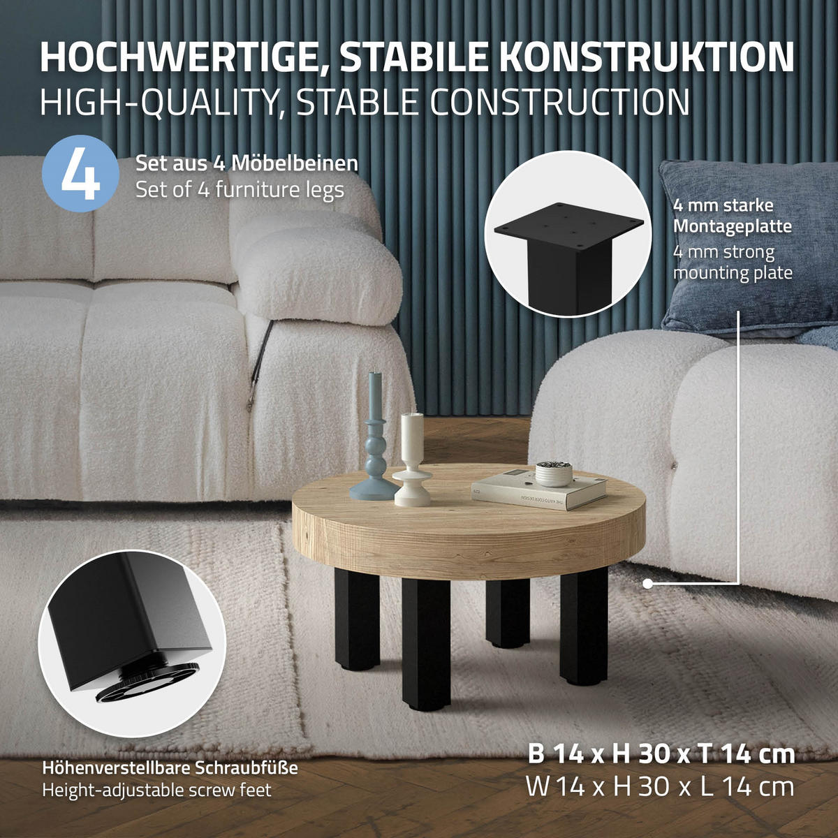 TISCHBEINE 4er Set I-Design H:30 cm Schwarz 8x8 cm - Schwarz, Metall (8/30/8cm) - ML-DESIGN