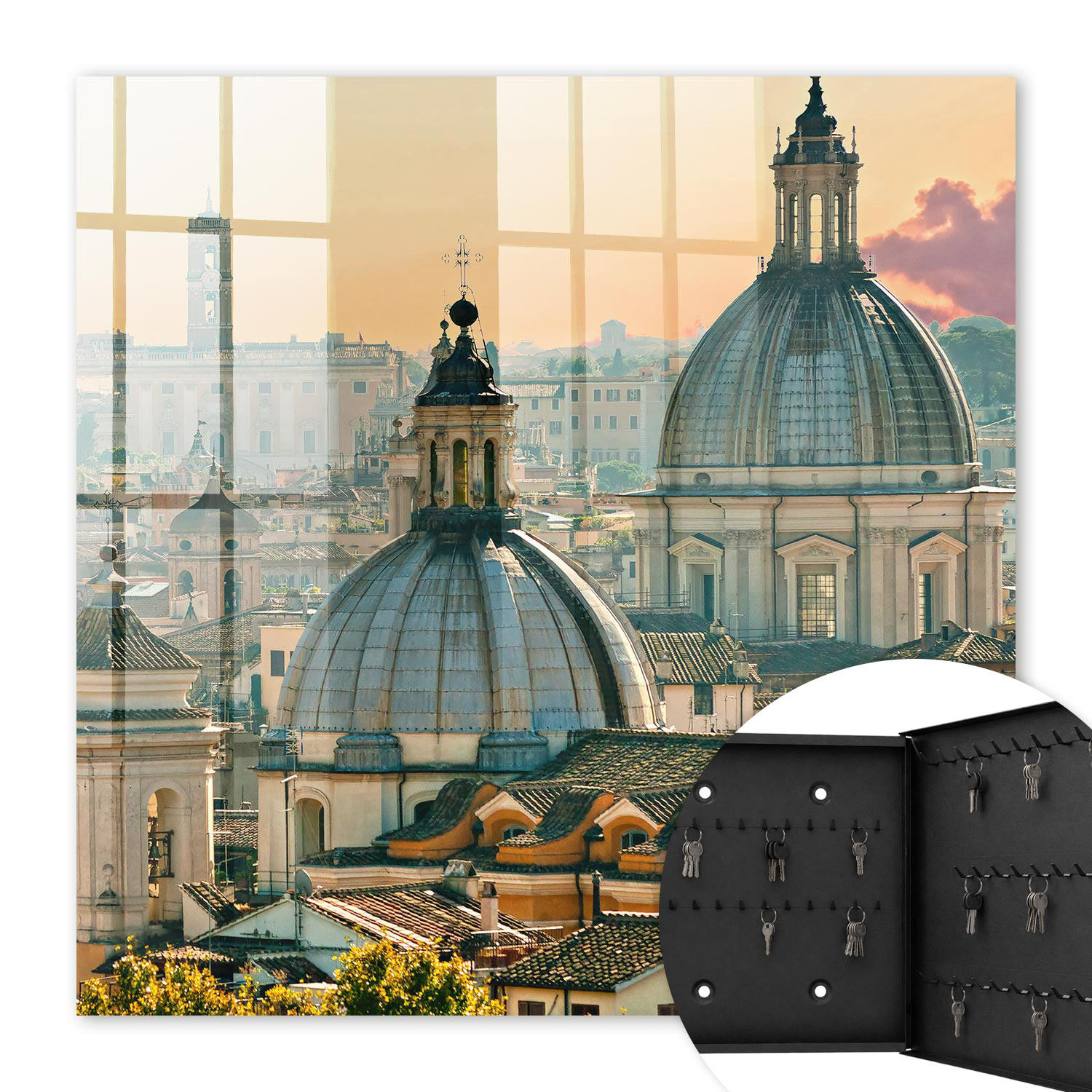 SCHLÜSSELBOX Schwarz 30x30 cm- Türöffnung nach rechts - Stadtpanorama - Beige, Metall (30/30/5cm) - TULUP
