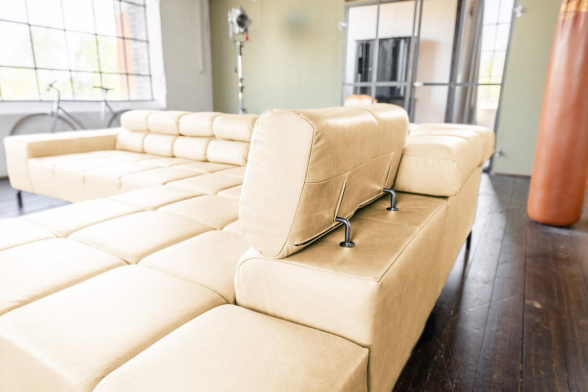 ECKSOFA NELSON Beige Leder - Beige/Schwarz, Leder/Metall (321/216cm) - KAWOLA