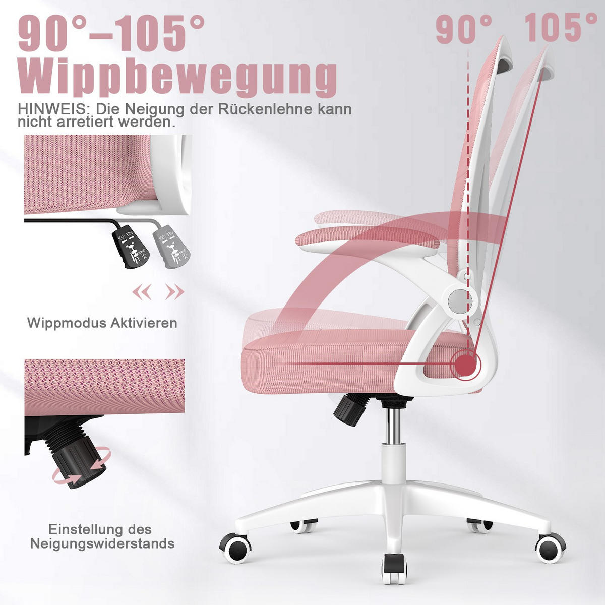 BÜRODREHSTUHL ergonomisch, mittelhohe Rückenlehne, klappbare Armlehnen – Rosa - Pink, Metall (50/102/50cm) - Rattantree
