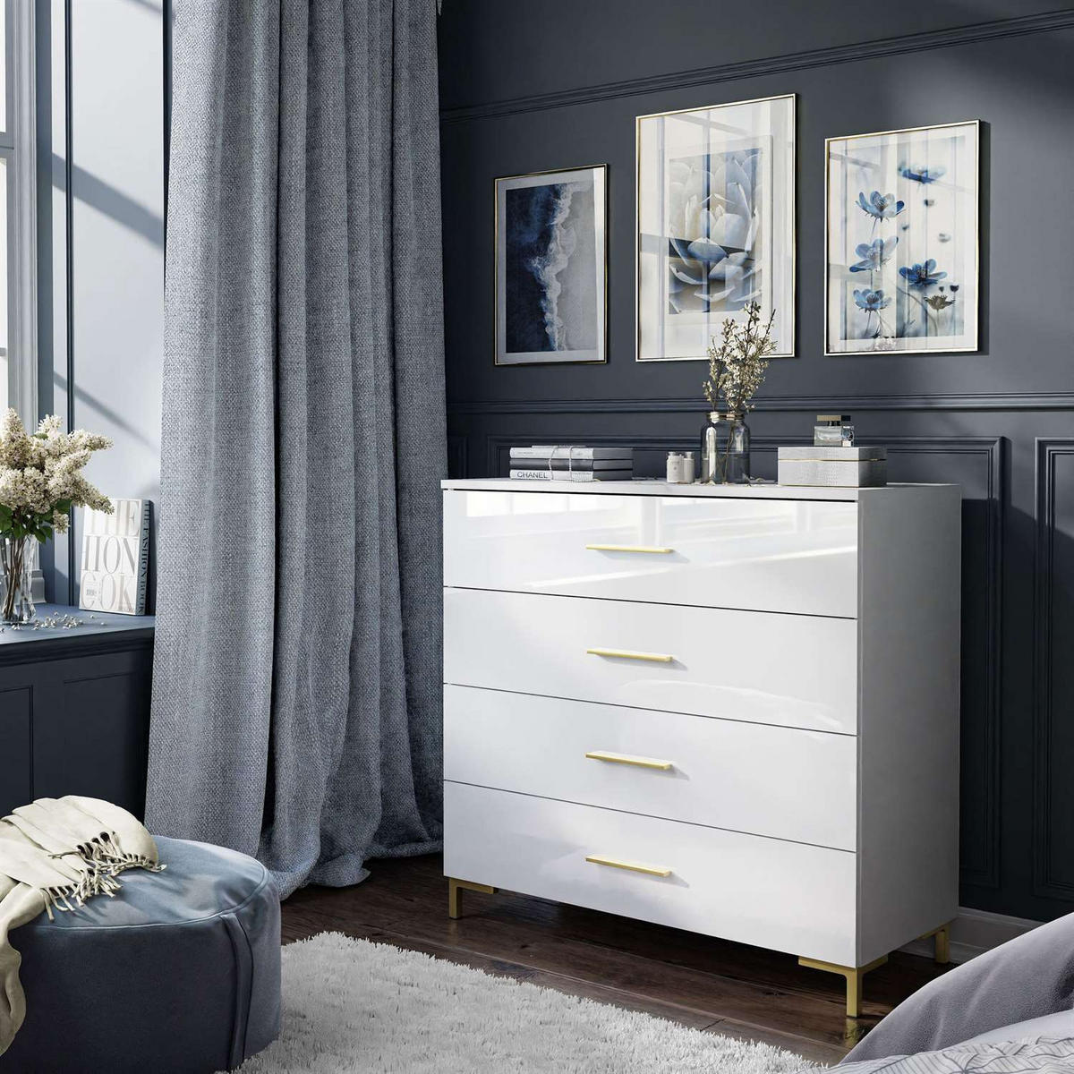 KOMMODE LINA GOLD mit goldenen Griffen und Beinen LED - Weiß, Holzwerkstoff (95/86/40cm) - Lookway