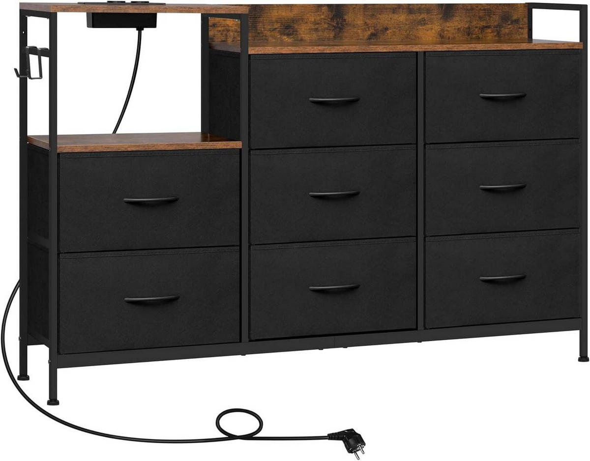 KOMMODE mit 8 Schubladen, 2 Steckdosen, Schwarz - Schwarz, Holzwerkstoff/Textil (132/88/30cm) - Woltu