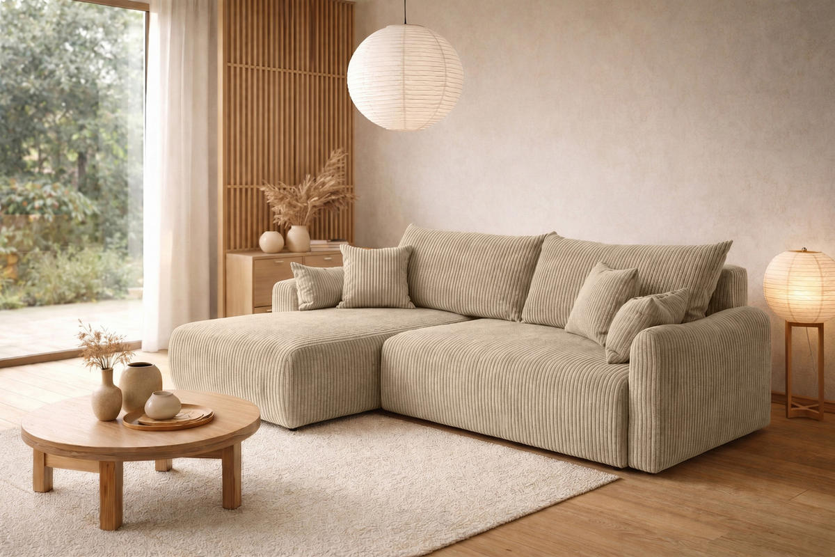 ECKSOFA Mit Schlaffunktion, Cordstoff Poso, Dunkelbeige, Links, JAPANDI - Beige, Holz (262/145cm) - Kaiser Möbel